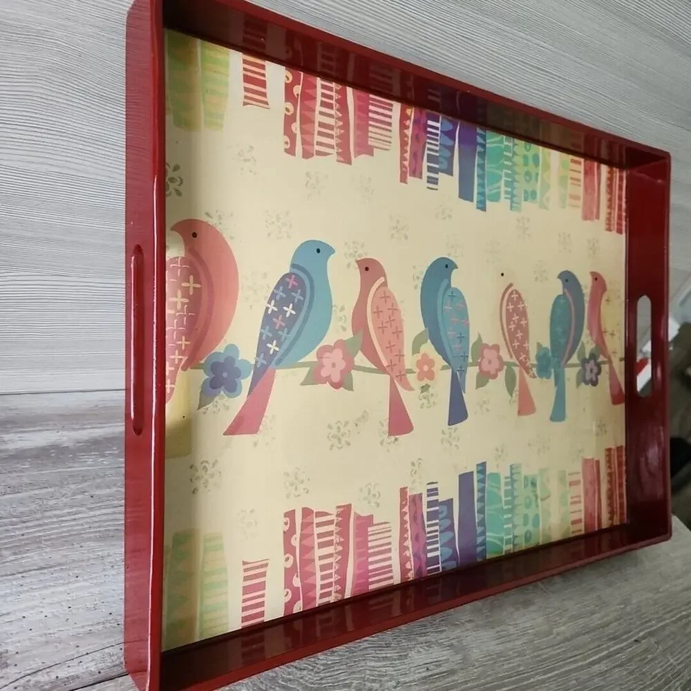 Pier 1 Imports Red Wood Table Tray Accent Bird on a wire‎ Pattern 18